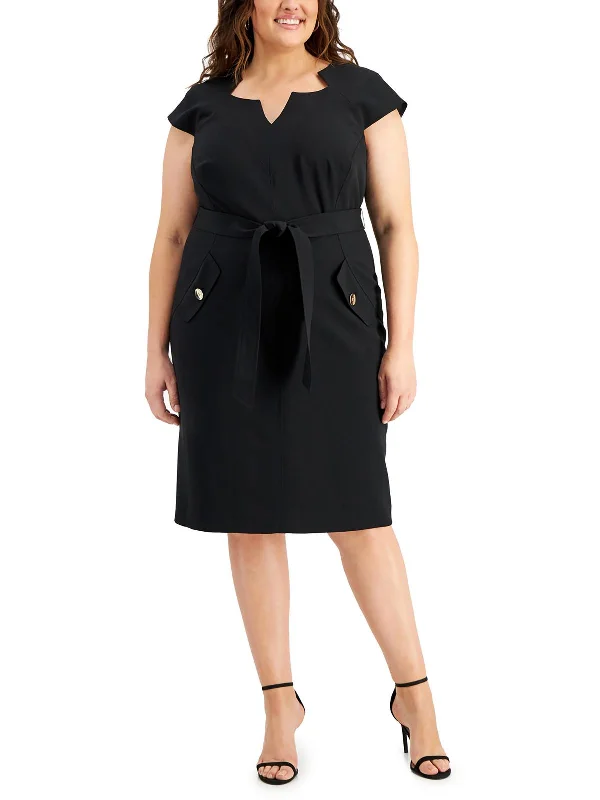 Plus Womens Split Neck Midi Sheath Dress