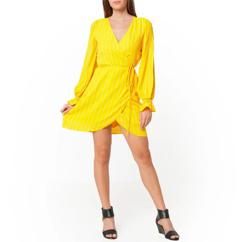 Smocked Bell Sleeve Wrap Dress in Yellow