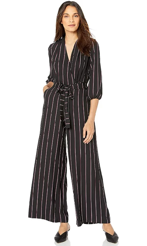 Gabby Skye - 91139MGSC Quarter Sleeve Stripe V-Neck Jumpsuit