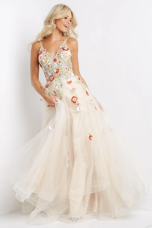 Jovani 08082 Floral Appliques Long Prom Gown